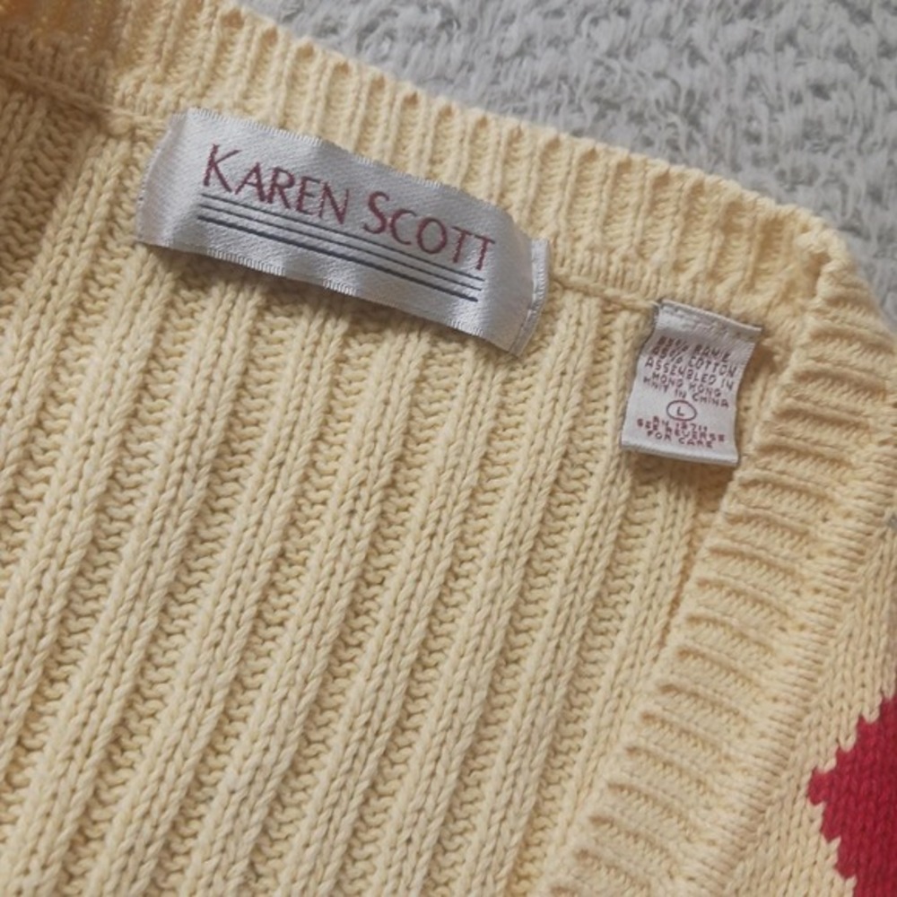 Karen Scott Argyle Button Front Sweater Vest Womens Large Cream Knit V-Neck - Picture 2 of 7